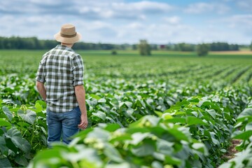Naklejka premium An Agronomist inspecting soda bean crops growing in the field