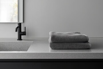 Soft gray towels neatly stacked on a modern countertop beside a sleek black faucet in a minimalist bathroom setting
