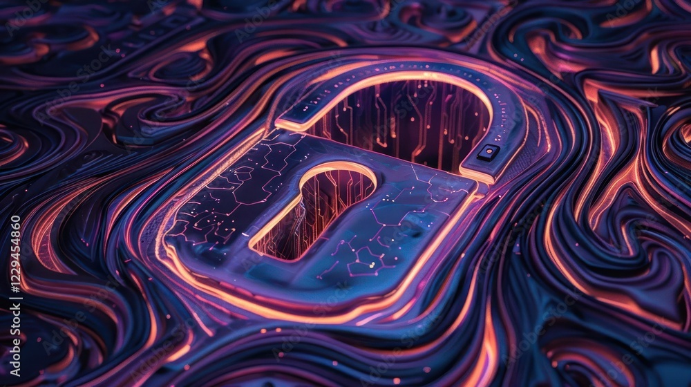 Poster abstract digital lock surrounded by flowing colorful patterns, symbolizing security and technology