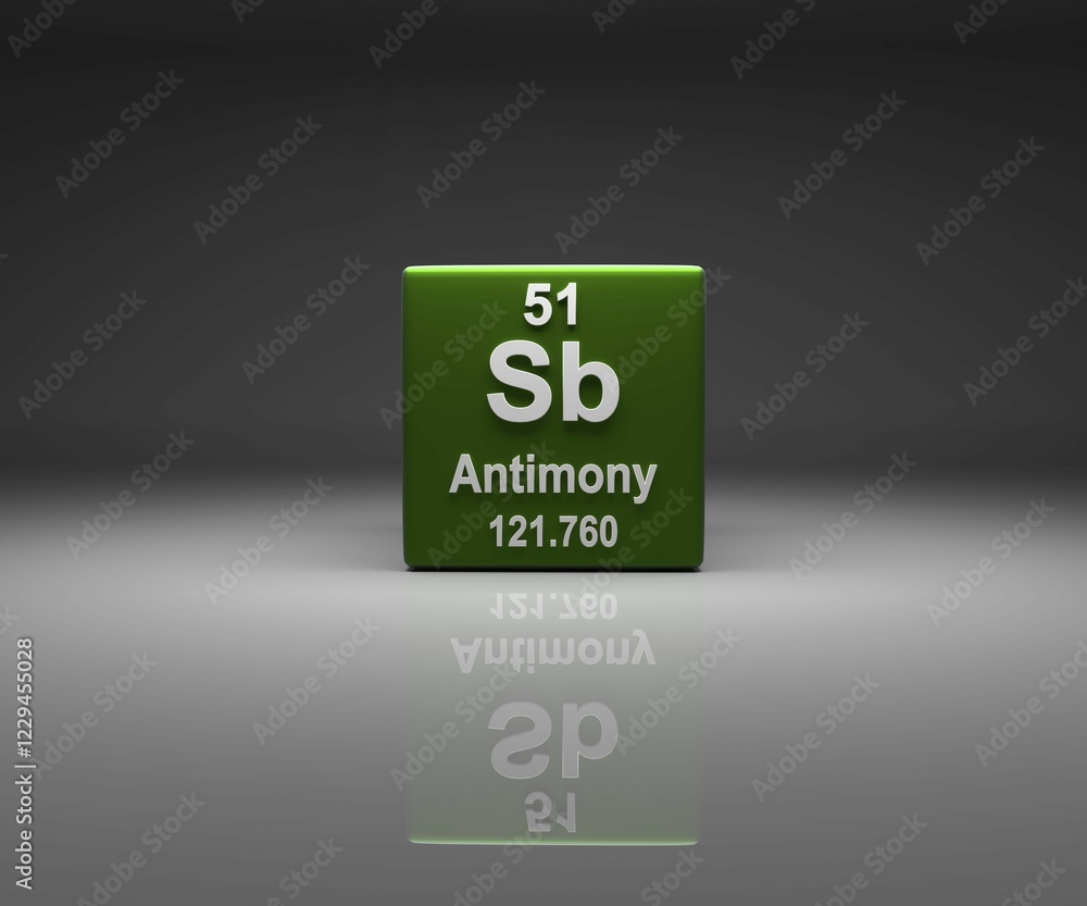 Poster cube with antimony number 51 periodic table, 3d rendering