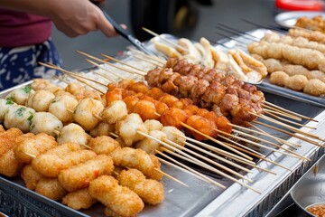 Naklejka premium Street vendor preparing a variety of skewered snacks at a bustling night market in Asia