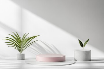 Abstract minimal background with geometric shapes and podium for product display presentation. 3D rendering, white color theme, podiums in different sizes on the right side of the composition,
