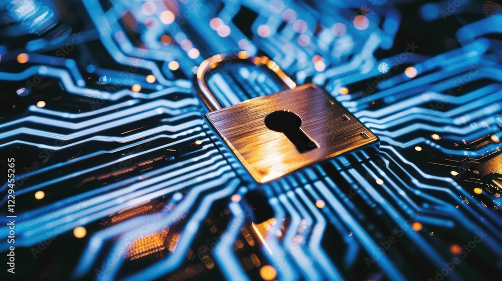 Poster close-up of a golden padlock on a circuit board, symbolizing cybersecurity and data protection