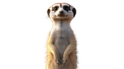 Curious meerkat standing upright on a white isolated background.