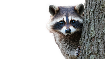 Curious raccoon peeking from behind a tree, showcasing its distinctive facial markings and bushy fur.