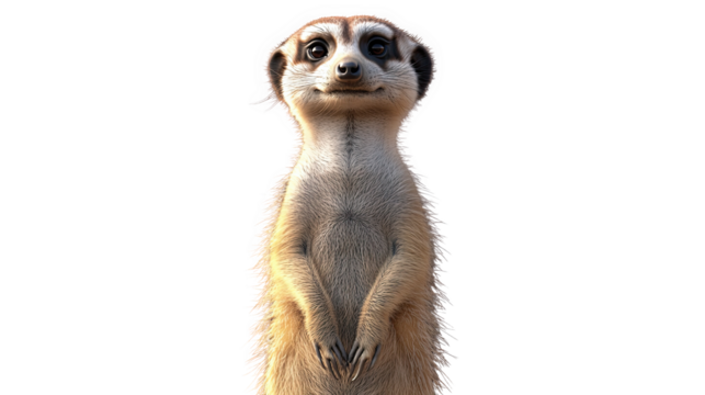Curious meerkat standing upright on a white isolated background.