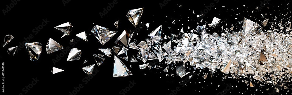 Poster creating a 3d rendering of various-sized diamonds on a dark gray surface
