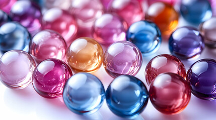 Colorful translucent spheres scattered on white background; perfect for product or design
