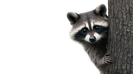 Curious raccoon peeking from behind a tree, showcasing its distinctive facial markings and playful nature.