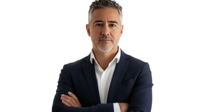 Confident business professional with crossed arms posing against a white background in a formal setting