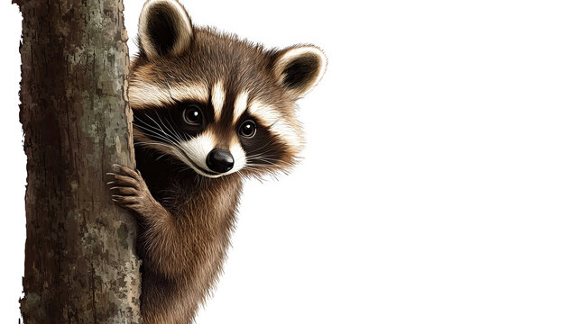Curious raccoon peeking from behind a tree, showcasing its playful expression.