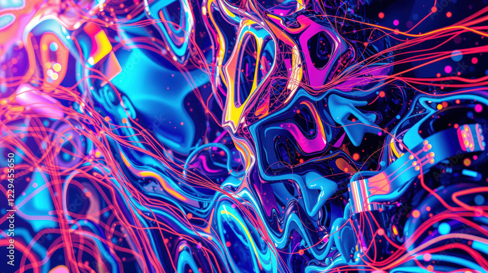 Poster vibrant abstract 3d wall with colorful fluid shapes and glowing lines, creating dynamic and energeti
