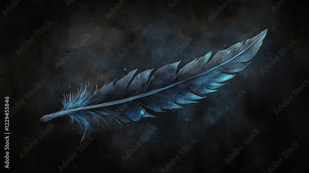 Poster a blue feather is shown on a black background. the feather is long and thin. it is the only object i