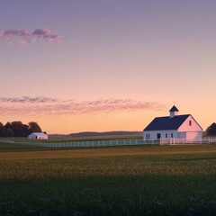 Captivating countryside landscape featuring a tranquil farmhouse, verdant fields, and a stunning sunset sky. Experience the peaceful rural charm and natural beauty.