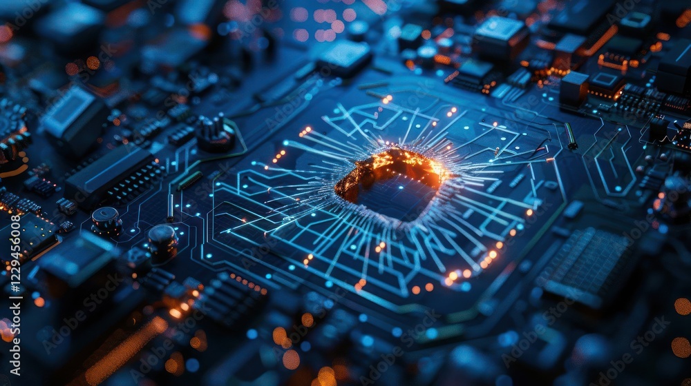 Poster close-up view of a damaged microchip on a circuit board with glowing connections and intricate detai