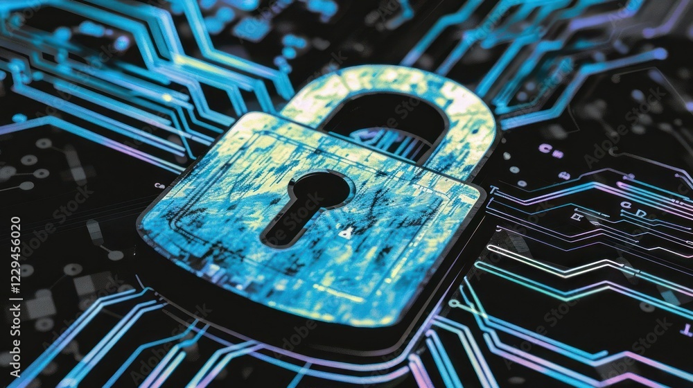 Poster digital lock symbolizing cybersecurity on a futuristic circuit board background