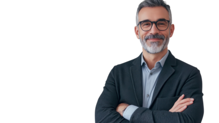 Professional man with glasses smiling confidently while standing with arms crossed in a bright setting