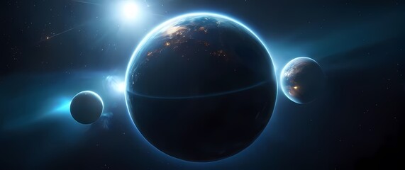 A vividly imaginative portrayal of planets orbiting while surrounded by glowing orbs of energy