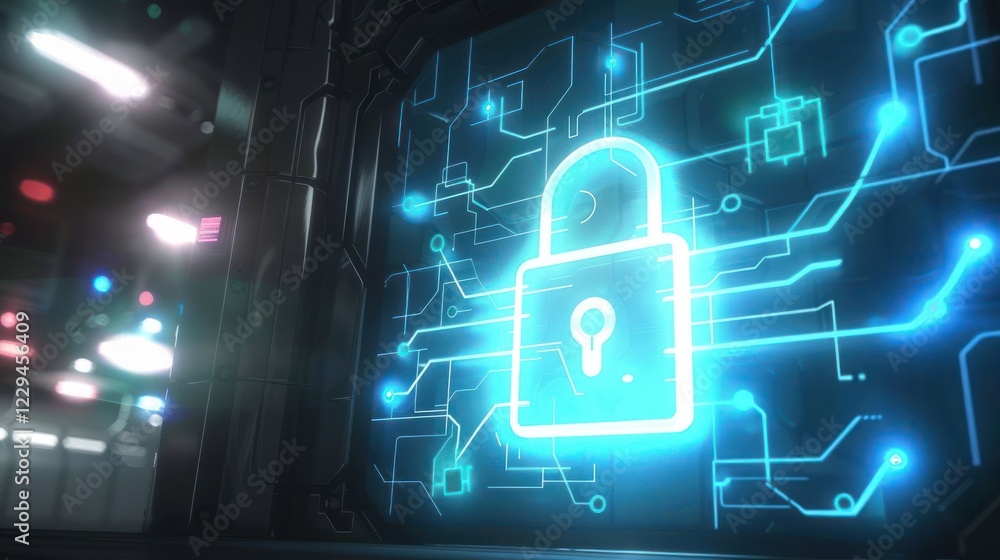 Poster futuristic digital lock symbolizing cybersecurity in a high-tech environment with glowing circuits