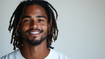 portrait of softly smiling man 30 years old with dreadlocks on white background, copy space