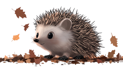 Cute cartoon hedgehog with falling leaves, cheerful expression, white isolated background.
