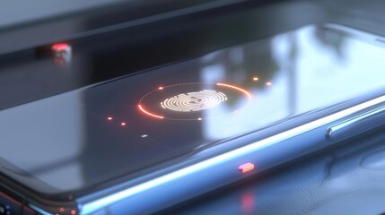 Close-up of a modern smartphone with a glowing fingerprint scanner on a sleek surface