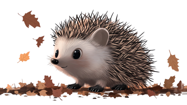 Cute cartoon hedgehog with falling leaves, cheerful expression, white isolated background.