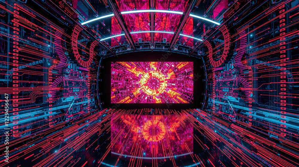Aufkleber vibrant abstract 3d wall with neon colors and digital patterns, creating futuristic atmosphere. desi