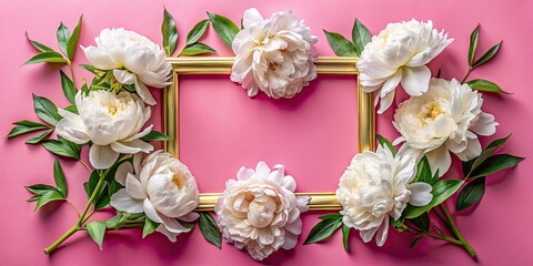 Panoramic Gold Frame Peony Flowers Pink Background