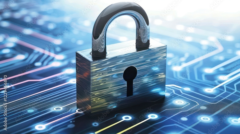 Aufkleber digital padlock symbolizing cybersecurity on a circuit board background with glowing elements (1)