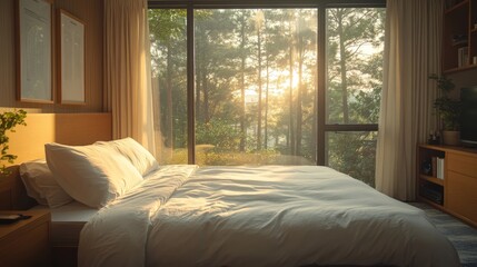 Fototapeta premium cozy bed with white linens and panoramic window
