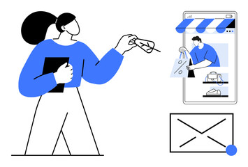 User holding a tablet points at a shopping cart icon on a smartphone screen next to an envelope icon. Ideal for ecommerce, digital purchases, mobile apps, customer engagement, online transactions