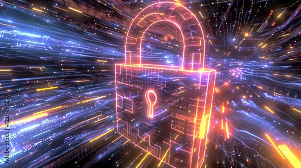 Poster vibrant digital lock symbolizing cybersecurity amidst a futuristic data stream background