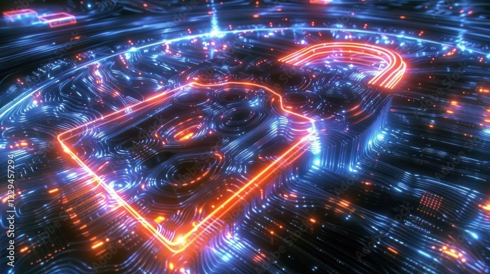 Poster abstract digital representation of a secure lock symbol amidst glowing circuitry patterns