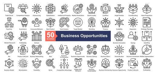 Business Opportunities Icon Collection Set.Containing Trade Secret, Competitive Analysis, Outsourcing, Globalization, Intellectual Property icon. Simple line style Vector Illustration.