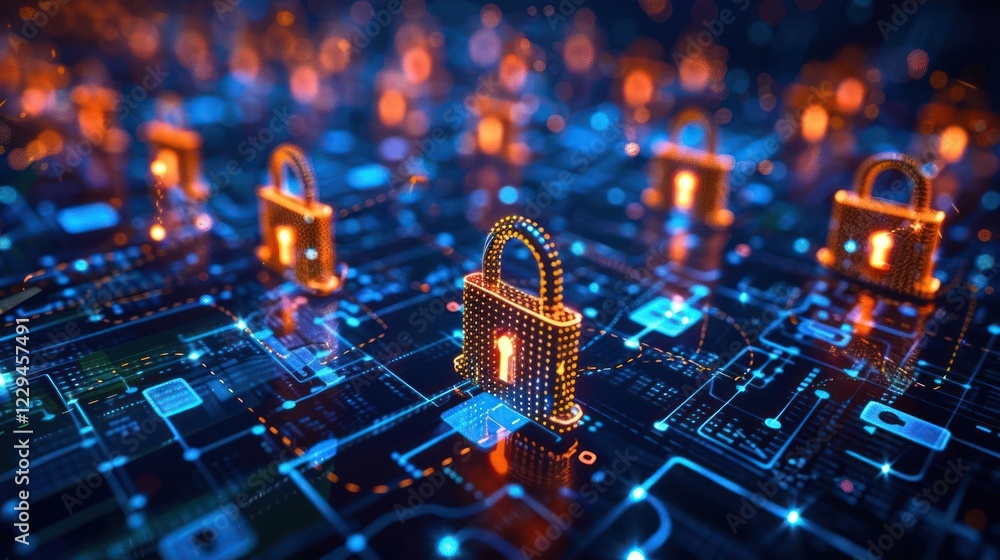 Poster digital security concept with glowing locks on a circuit board, symbolizing data protection