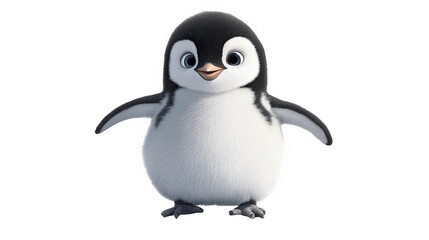 Fototapeta premium Cute cartoon penguin character with a friendly smile, standing on a white background.