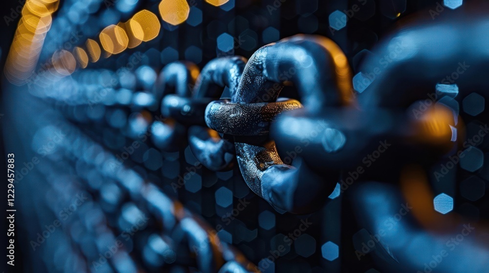 Poster close-up view of metallic chains illuminated by colorful bokeh lights in the background