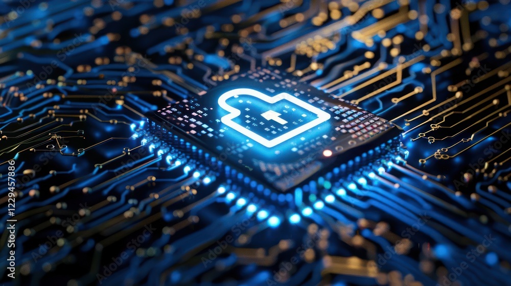 Poster close-up of a microchip featuring a glowing lock symbol on a circuit board background