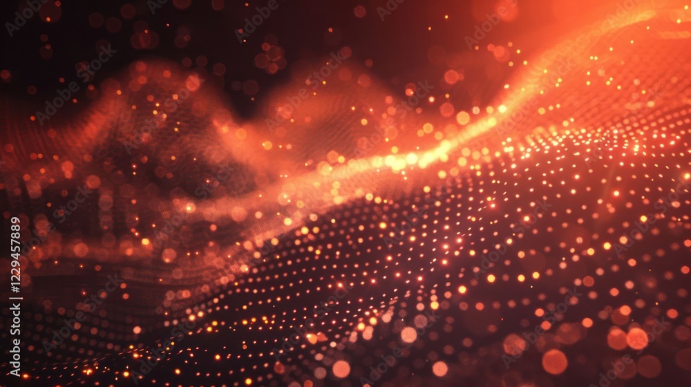 Poster abstract visualization of glowing particles creating a wave-like pattern in vibrant colors