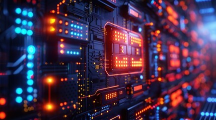 Obraz premium Futuristic circuit board with glowing lights and intricate patterns, showcasing technology innovation