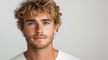 Fototapeta premium authentic portrait of blonde young man 30 years old with curly hair on white background