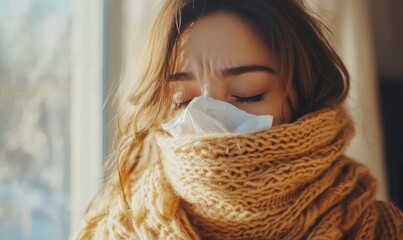 Young Woman with Flu Sneezing into Tissue Indoors on a Sunny Day, Wearing Cozy Scarf and Sweater, Feeling Unwell and Battling Cold Symptoms, Concept of Seasonal Illnesses and Home Health Care, 