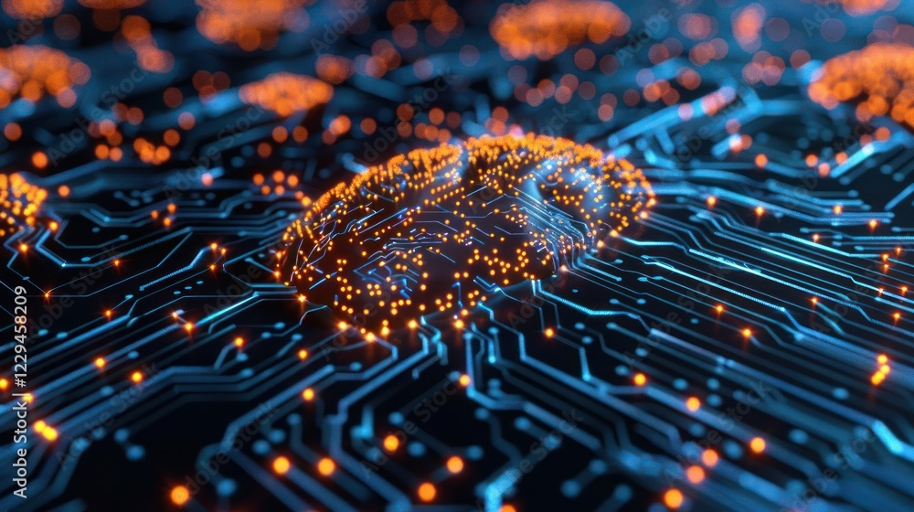 Poster abstract representation of a digital brain with glowing circuits and nodes illustrating technology