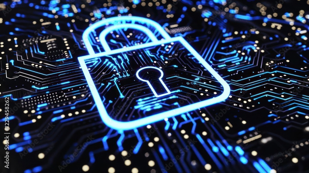 Poster digital lock symbol overlaid on a circuit board background, representing cybersecurity concepts