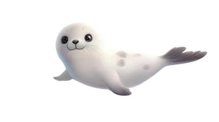 Cute cartoon seal swimming happily in a playful manner, white isolated background.
