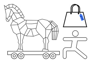 Geometric Trojan horse on wheels, shopping bag with price tag, and a human figure in dynamic pose. Ideal for business strategy, shopping trends, active lifestyle, technology, security, minimal