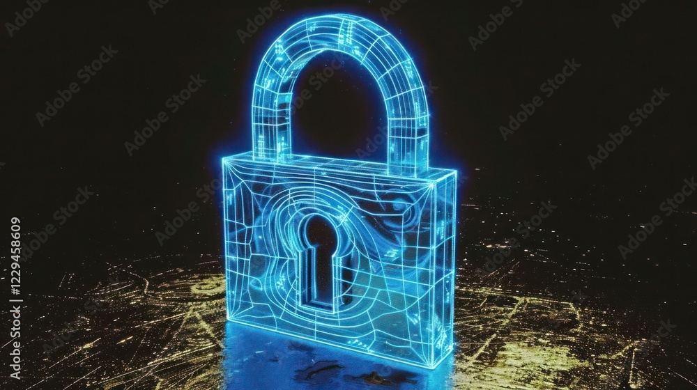 Poster a glowing digital lock symbolizing cybersecurity and data protection in a dark, tech-inspired enviro