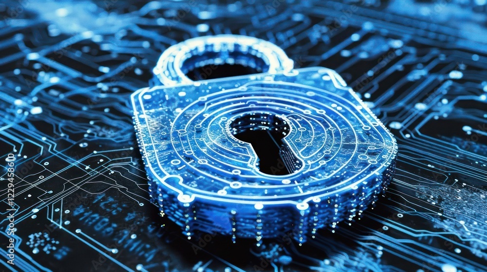 Poster digital padlock symbolizing cybersecurity on a circuit board background with glowing effects (1)
