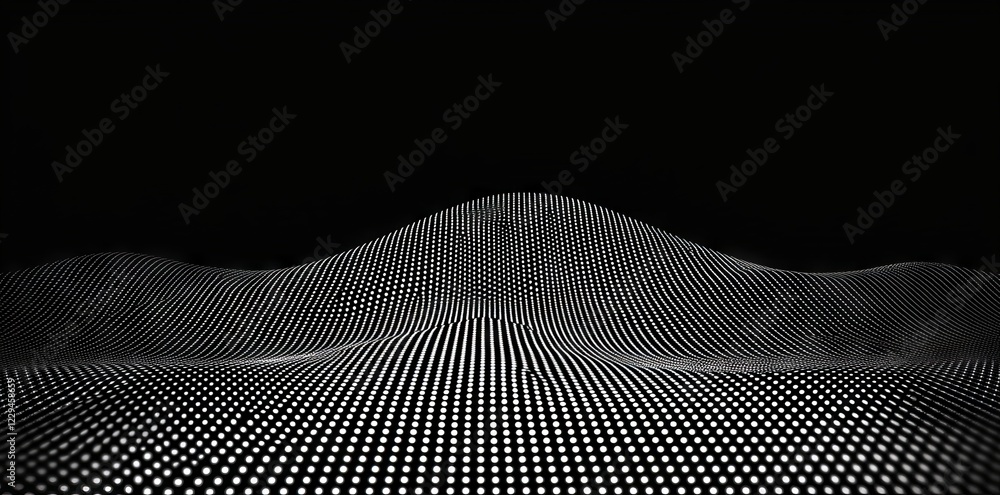 Poster an abstract halftone background featuring a wavy surface composed of gray dots on a white background